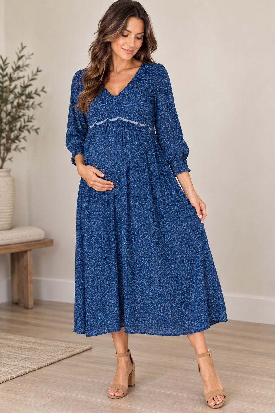 The Nines by Hatch Maternity Blue Floral Midi Dress XL V-Neck 3/4 Sleeve
